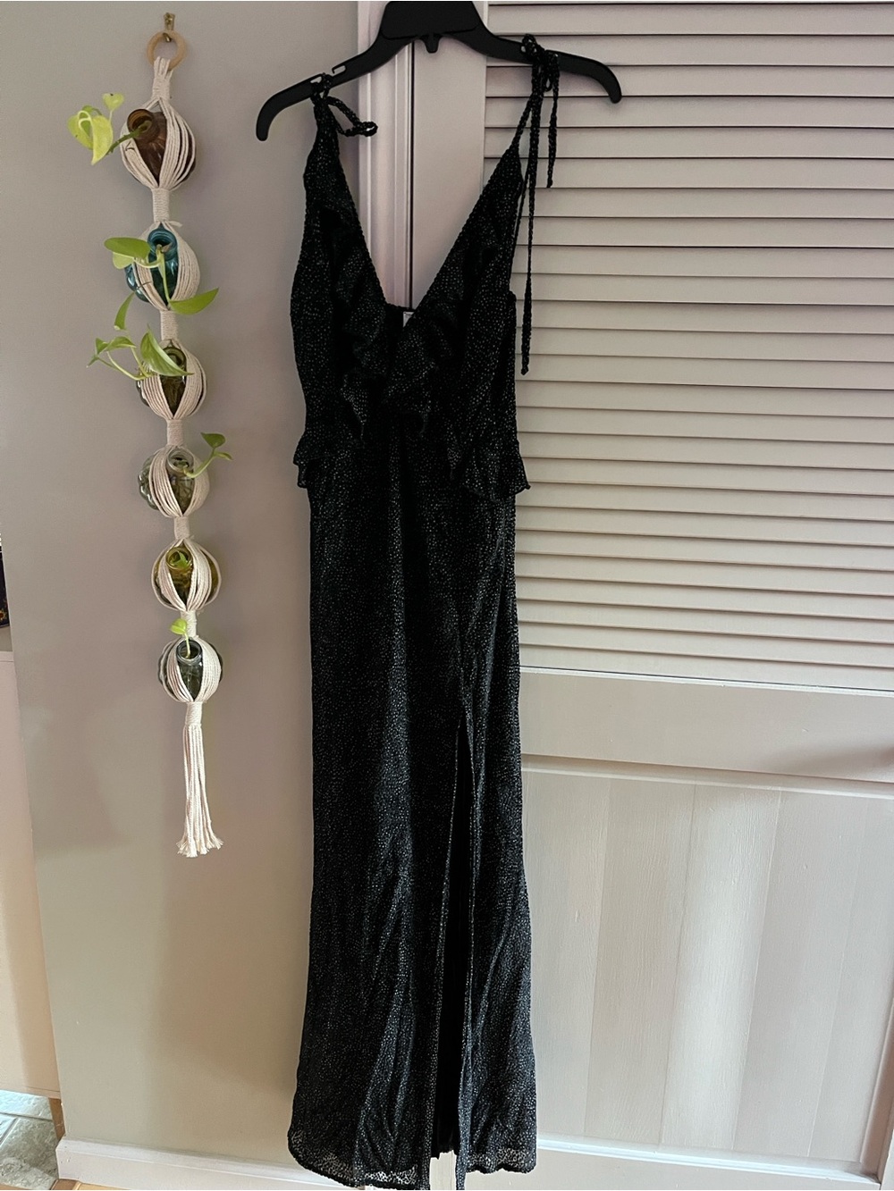 Textured Black Tie-Shoulder Maxi Dress